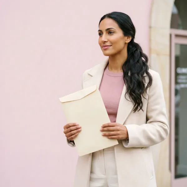 Woman in cream coat holding a manila scan envelope outside a clinic doorway