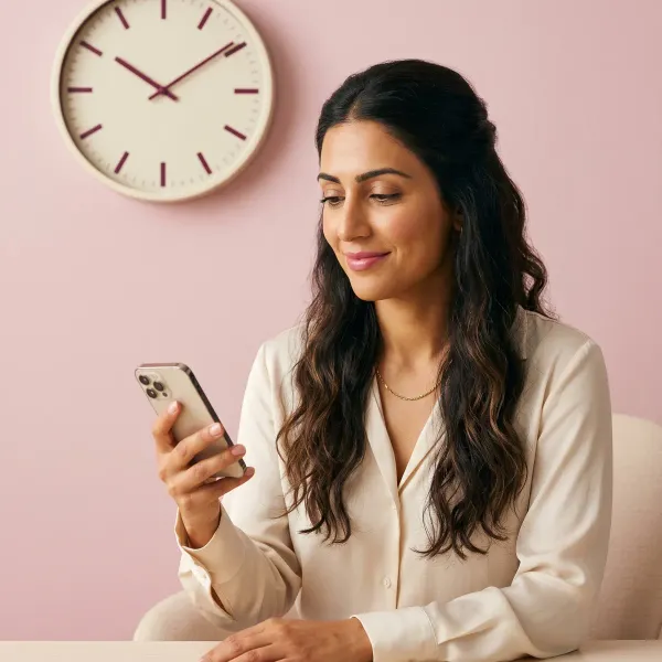 Woman at desk with phone, wall clock visible behind her, beginning her priority telehealth consult