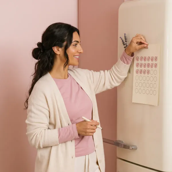 Woman pinning a quit-day tracker chart with checkmarks to her cream fridge, proud of her progress